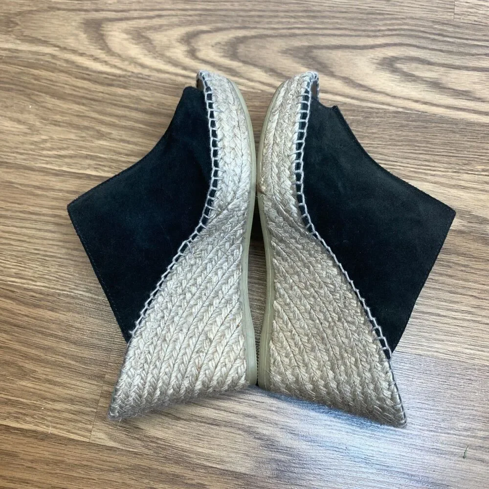 andre assous espadrilles Black Suede Peep Toe Wedge Slip On Shoes Size 8‎